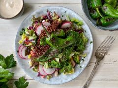 Salat mit Rotkohl, Radieschen und gebratenen Pimientos de Padrón