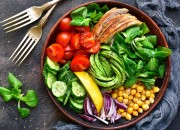 Bunte Bowl mit Hähnchen und Avocado