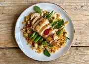 Rote Linsen mit Hähnchen und Spargel