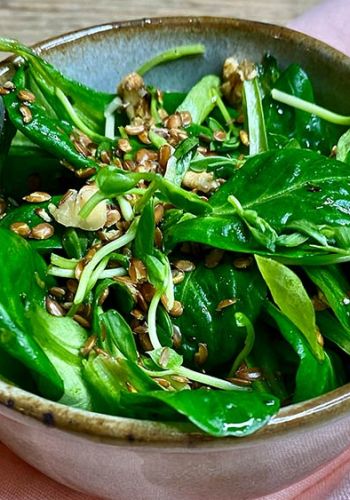 Kleine Feldsalat-Bowl mit Leinsamen und Balsamico-Dressing