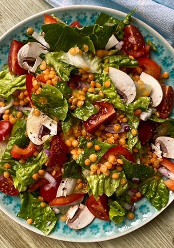 Salat mit Linsen, Champignons, roten Zwiebeln und Paprika